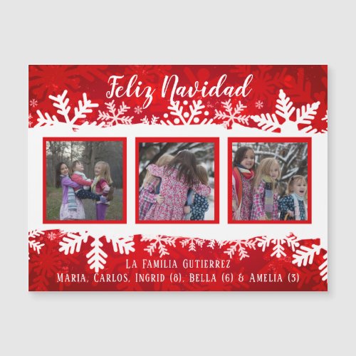 Feliz Navidad Red Snowflake 3 Photo Festive Card