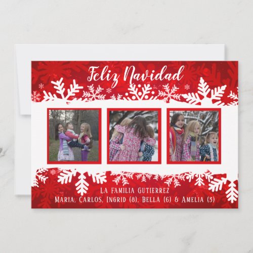 Feliz Navidad Red Snowflake 3 Photo Festive Family Holiday Card
