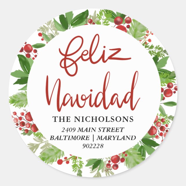 Feliz Navidad Red Watercolor Holly Wreath Classic Round Sticker (Front)