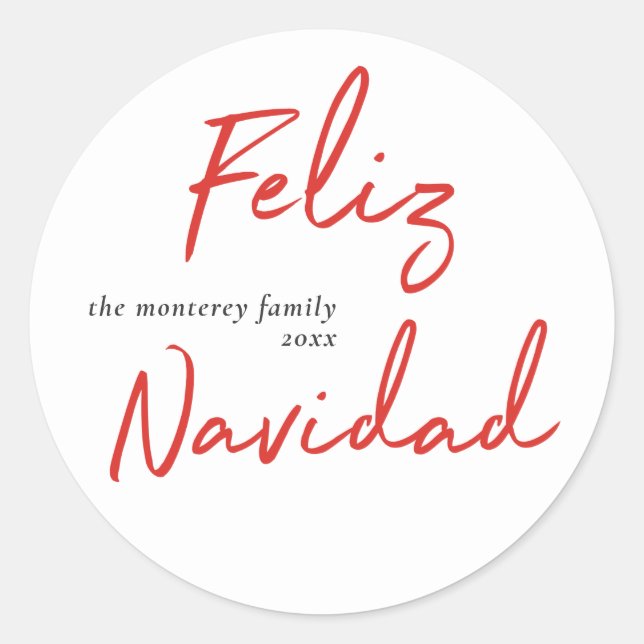 Feliz Navidad Red White Holiday Classic Round Sticker (Front)