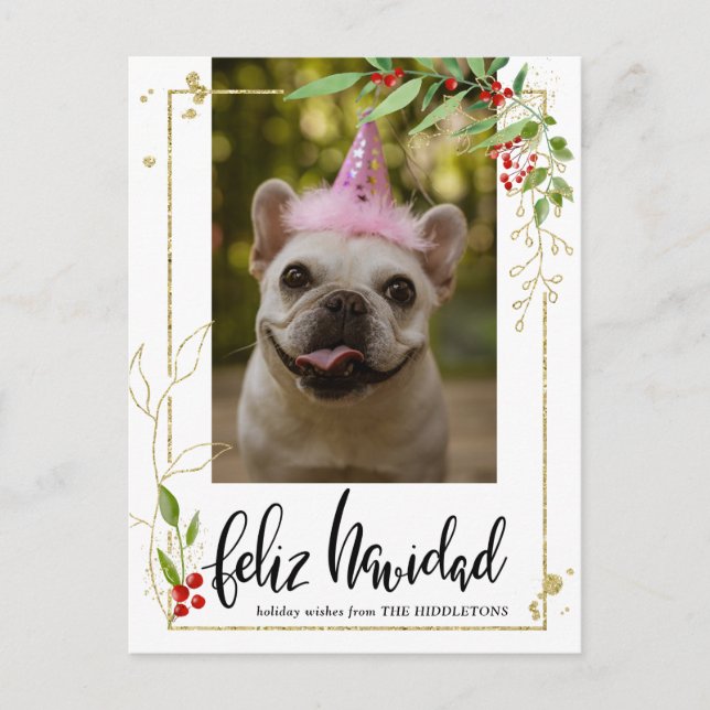 Feliz Navidad | Script Photo Gold Berry Holly Holiday Postcard (Front)