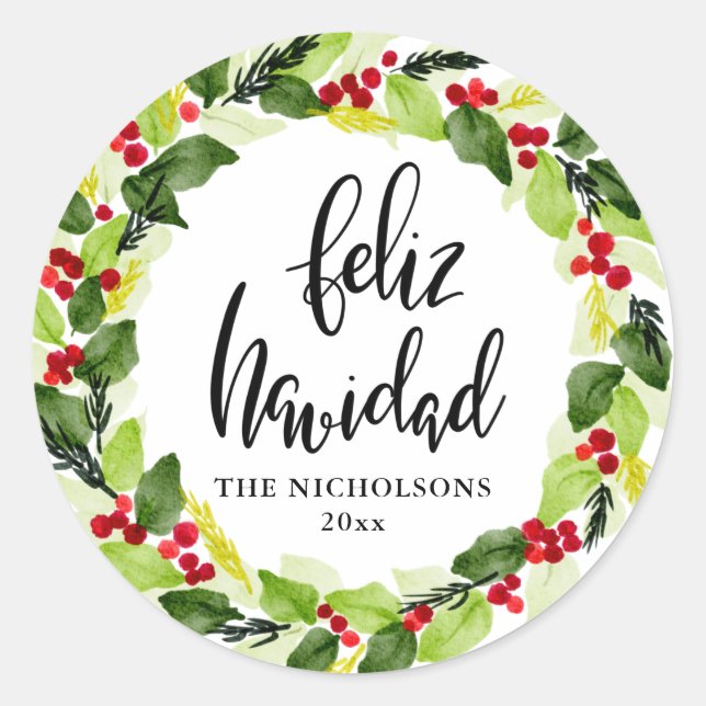 Feliz Navidad Script Red Berry Holiday Wreath  Classic Round Sticker (Front)