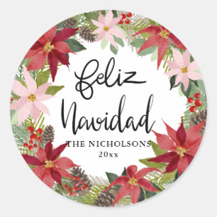 Feliz Navidad Script Red Poinsettia Wreath Classic Classic Round Sticker