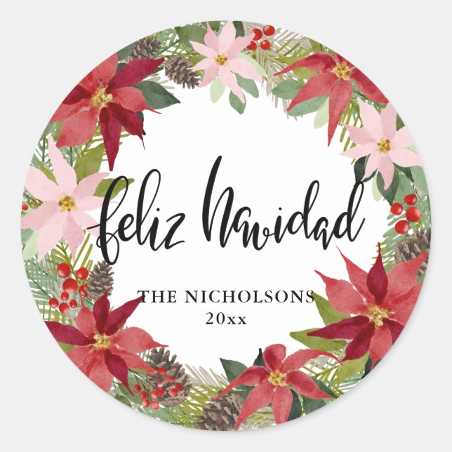 Feliz Navidad Script Red Poinsettia Wreath Classic Round Sticker (Front)