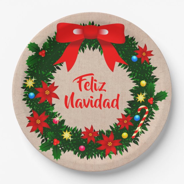 Feliz Navidad Set Merry Christmas Wreath Bow 9" Paper Plates (Front)