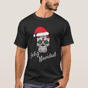 Feliz Navidad Skull Christmas Santa Hat  T-Shirt