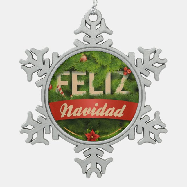 Feliz Navidad Snowflake Pewter Christmas Ornament (Front)