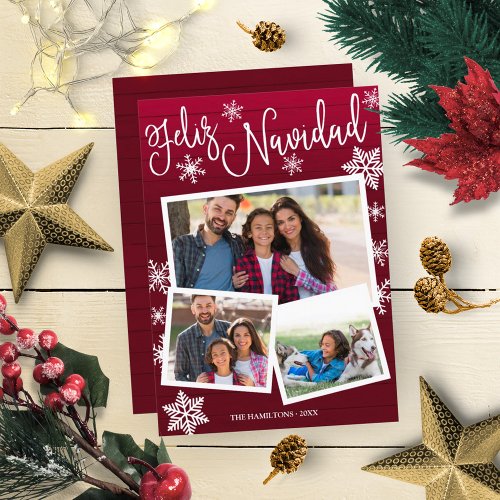 Feliz Navidad Snowflake Rustic 3 Photos Christmas Invitation