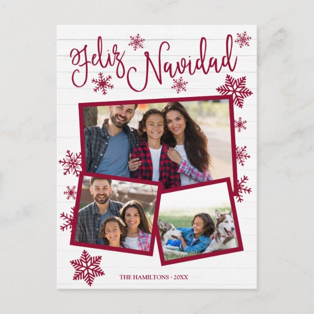 Feliz Navidad Snowflake Rustic 3 Photos Christmas Postcard (Front)