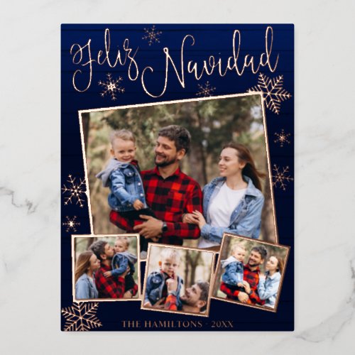 Feliz Navidad Snowflake Rustic 4 Photos Collage Fo Foil Holiday Postcard