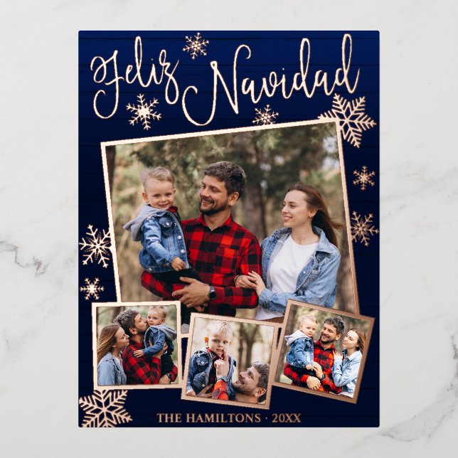 Feliz Navidad Snowflake Rustic 4 Photos Collage Fo Foil Holiday Postcard (Front)