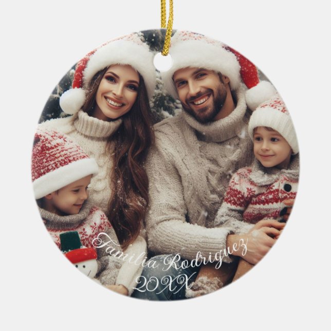 Feliz Navidad Spanish Candy Cane Red and Green Ceramic Ornament (Front)