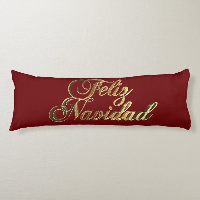 Feliz Navidad Spanish Christmas Burgundy and Gold Body Pillow (Front)