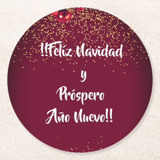 Feliz Navidad Spanish Christmas Greetings Round Paper Coaster (Front)