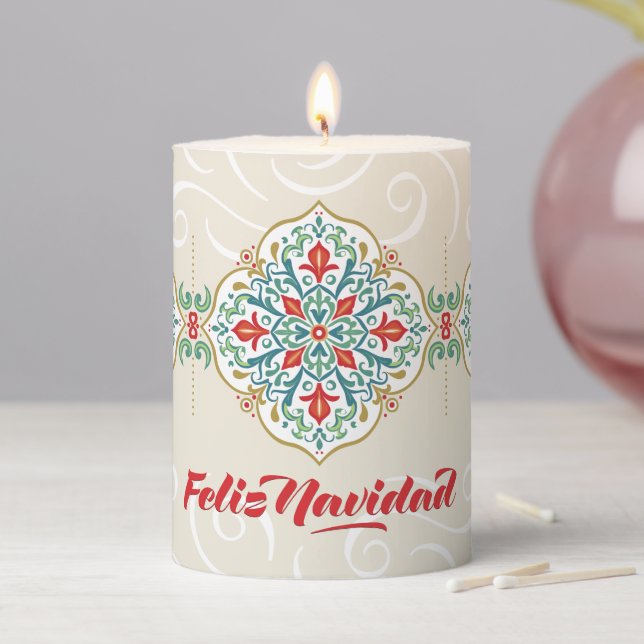 Feliz Navidad Spanish Christmas Holiday Festive Pillar Candle (In Situ)