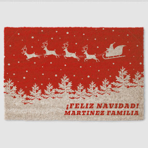 Feliz Navidad Spanish Santa Personalized Name Fiber Doormat