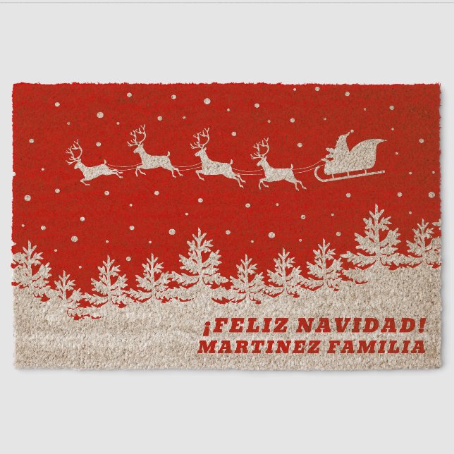 Feliz Navidad Spanish Santa Personalized Name Fiber Doormat (Front)
