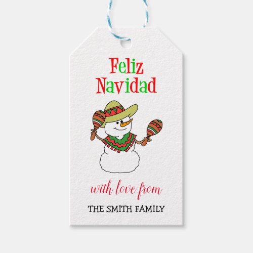 Feliz Navidad Spanish Snowman Personalized Family Gift Tags
