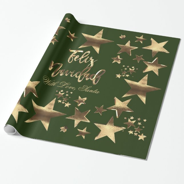 Feliz Navidad Stars Green Gold Script Christmas Wrapping Paper (Unrolled)