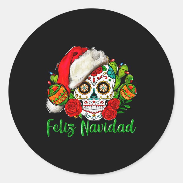 Feliz Navidad Sugar Skull Mexican Christmas  Classic Round Sticker (Front)
