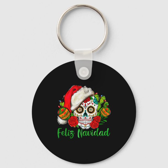 Feliz Navidad Sugar Skull Mexican Christmas  Keychain (Front)