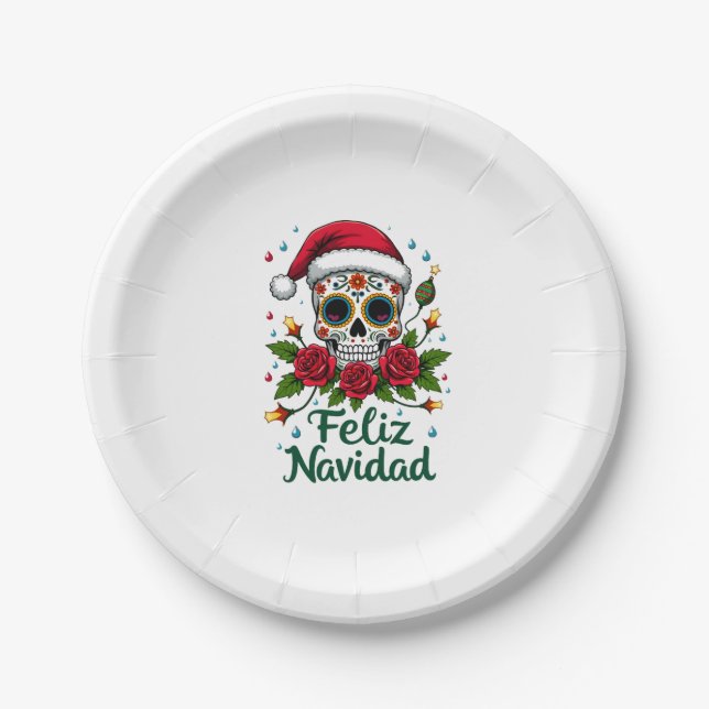 Feliz Navidad Sugar Skull Mexican Christmas T-Shir Paper Plates (Front)