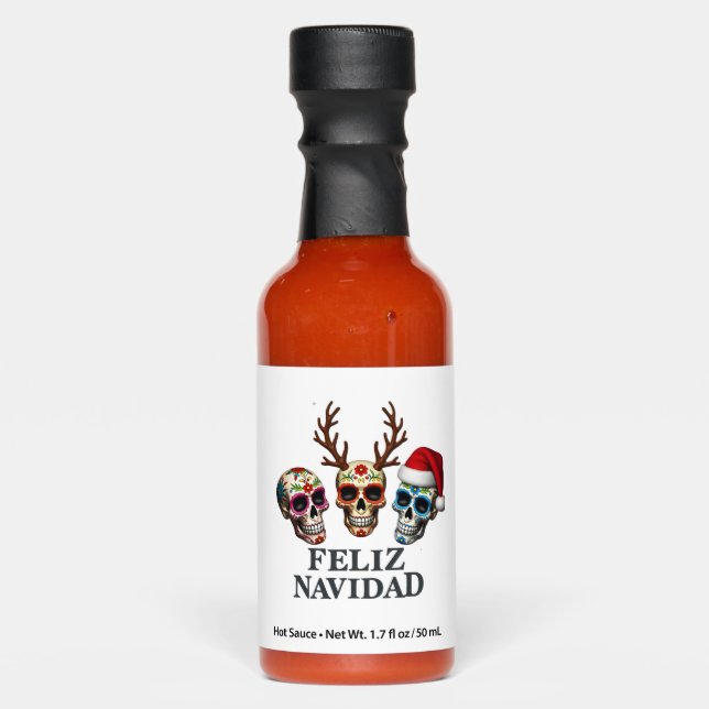 Feliz Navidad Sugar Skulls Reindeer Santa Mexican  Hot Sauces (Front)