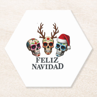 Feliz Navidad Sugar Skulls Reindeer Santa Mexican  Paper Coaster