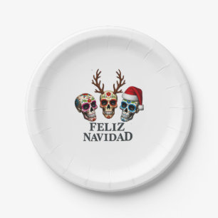 Feliz Navidad Sugar Skulls Reindeer Santa Mexican Paper Plates