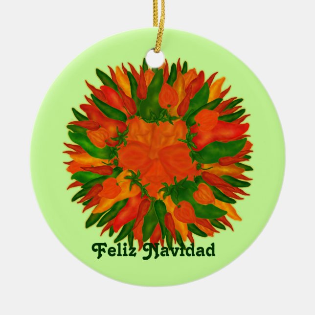 Feliz Navidad Sunny Peppers Ceramic Ornament (Front)