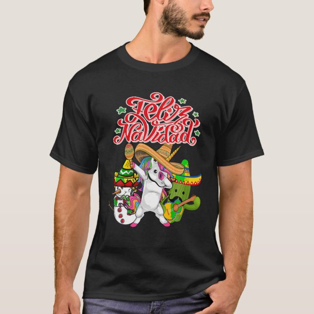 Feliz Navidad Unicorn Cactus Funny Mexican Christm T-Shirt (Front)