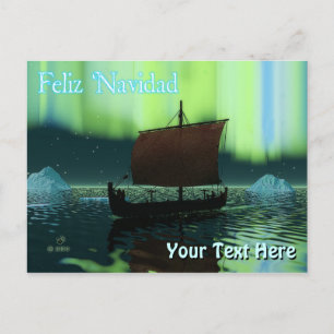 Feliz Navidad - Viking Ship And Northern Lights Postcard