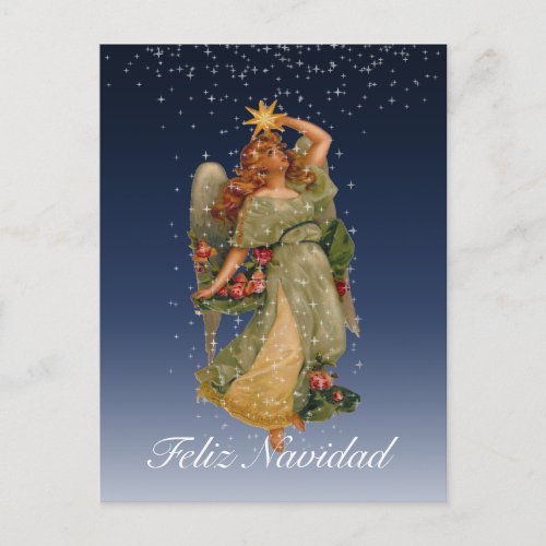 Feliz Navidad Vintage Angel Stars Night Sky Holiday Postcard