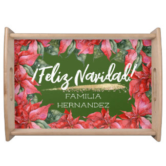 Feliz Navidad Watercolor Poinsettia Family Name Serving Tray