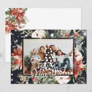Feliz Navidad   Watercolor Poinsettia Photo Card