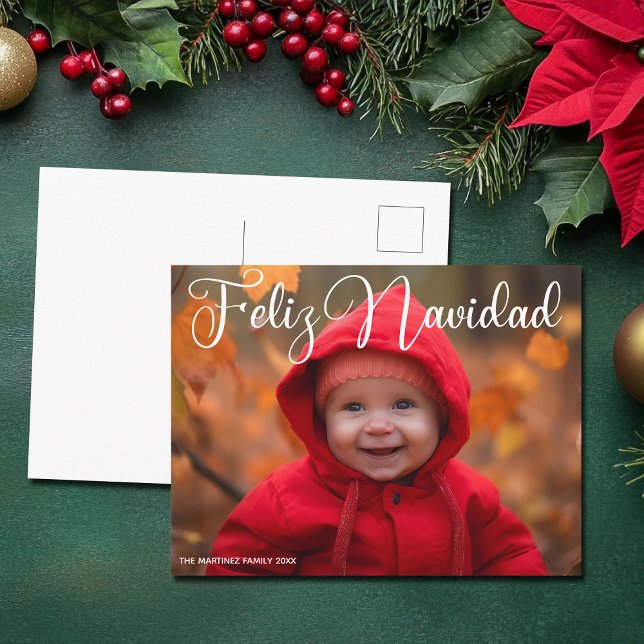 Feliz Navidad White Script Photo Spanish Christmas Holiday Postcard (Creator Uploaded)