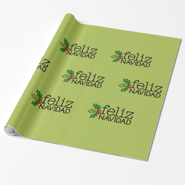 Feliz Navidad with Christmas Holly Wrapping Paper (Unrolled)
