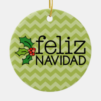 Feliz Navidad with green chevrons Ceramic Ornament