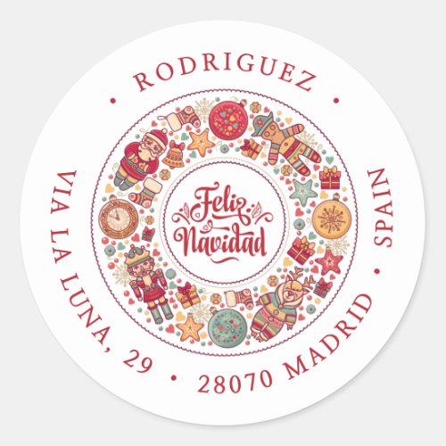 Feliz Navidad Wreath Return Address Classic Round Sticker