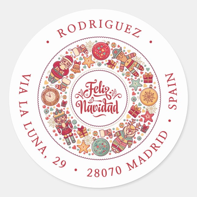 Feliz Navidad Wreath Return Address Classic Round Sticker (Front)
