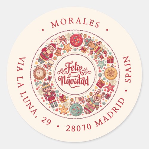 Feliz Navidad Wreath Spanish Red Return Address Classic Round Sticker