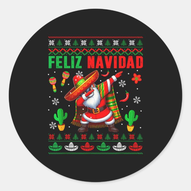 Feliz Navidad Xmas Sweater Santa Sombrero Dabbing  Classic Round Sticker (Front)