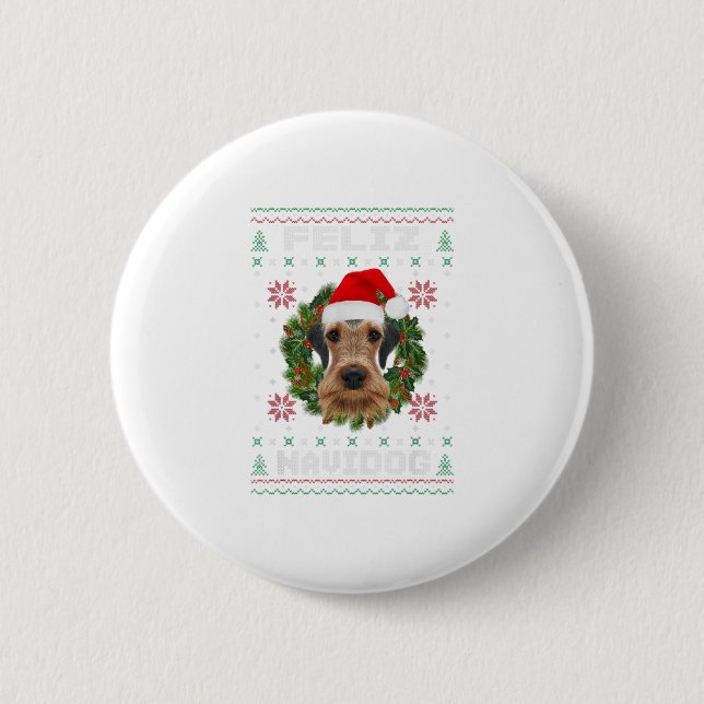 Feliz Navidog Airedale Terrier Dog Sant Button (Front)