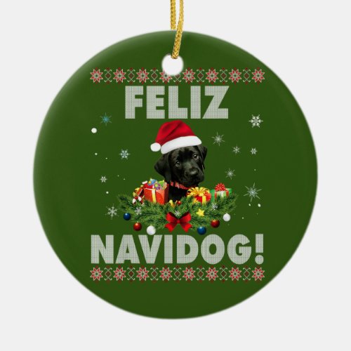 Feliz Navidog Black Labrador Dog Ugly Sweater Ceramic Ornament