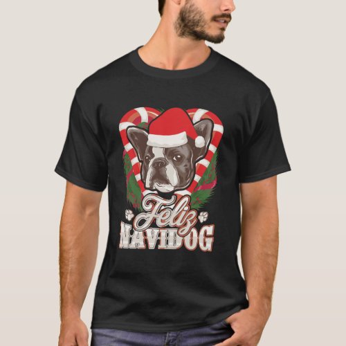 Feliz Navidog French Bulldog With Santa Claus Hat  T_Shirt