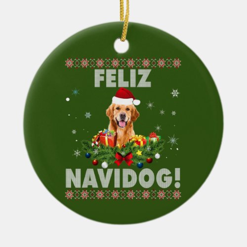 Feliz Navidog Golden Retriever Dog Ugly Sweater Ceramic Ornament