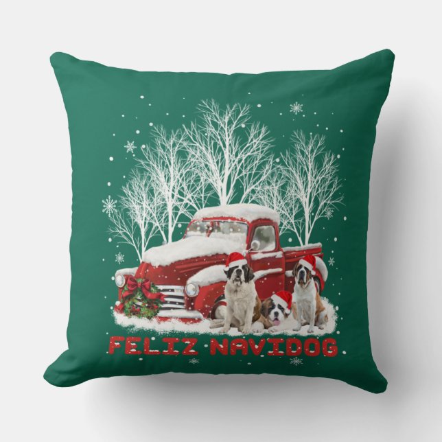 Feliz Navidog Saint Bernard Christmas Dog Lovers Throw Pillow (Front)