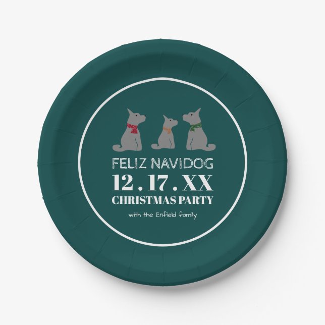 Feliz Navidog, Spanish Style Christmas Paper Plates (Front)