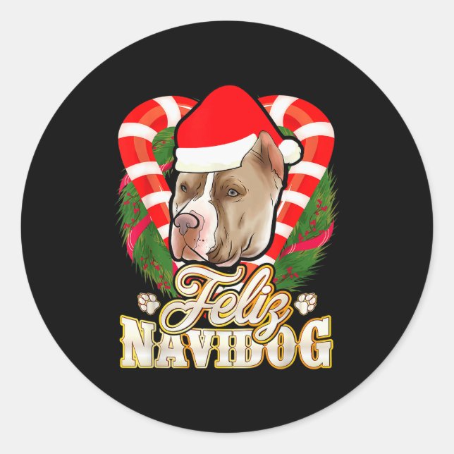 Feliz Navidog Tbull With Santa Claus Hat Ttie Chri Classic Round Sticker (Front)