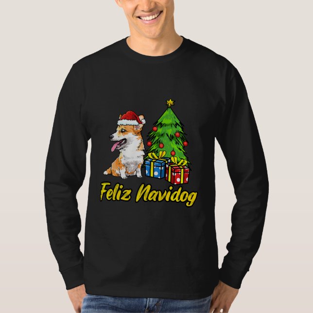 Feliz Navidog Welsh Corgi Santa Hat Christmas T-Shirt (Front)